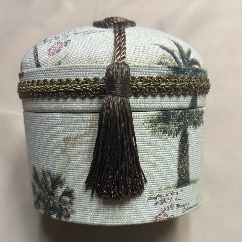 Vintage Tapestry Covered Oval Trinket Jewelry Sewing Box‎ Palm Trees Tassle